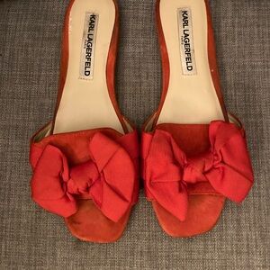 Karl Lagerfeld Paris Rosie Red Bow Fabric/Suede/Leather Slide Mules Size 6.5